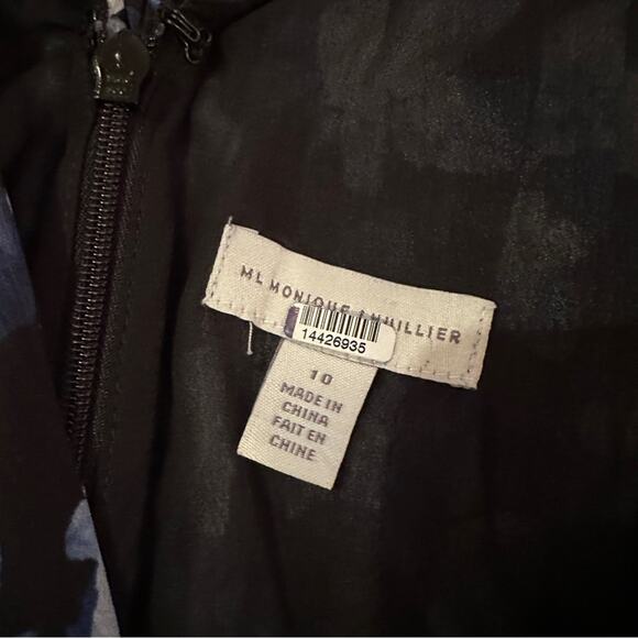 RTR ML Monique Lhuillier Melanie Black White & Blue Floral Maxi Dress Sz 10 - Picture 6 of 13